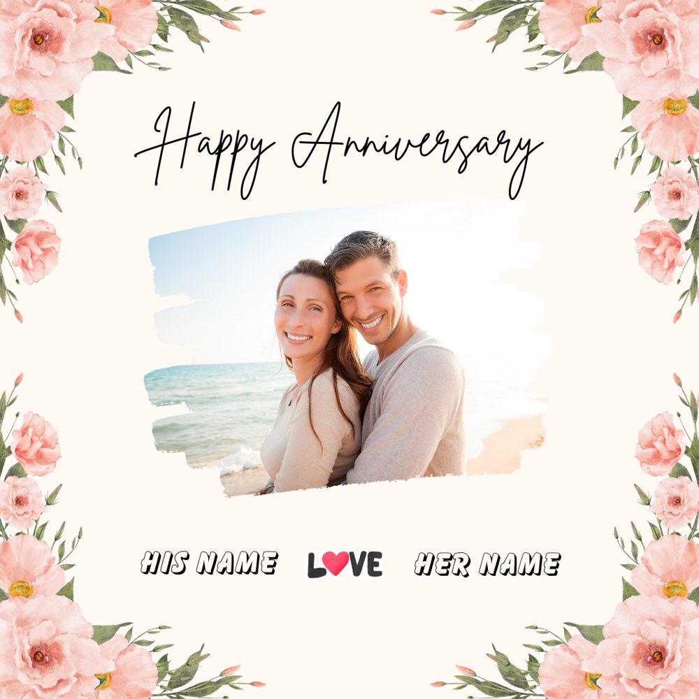 Floral Wedding Anniversary Name With Couple Photo Frame Editing