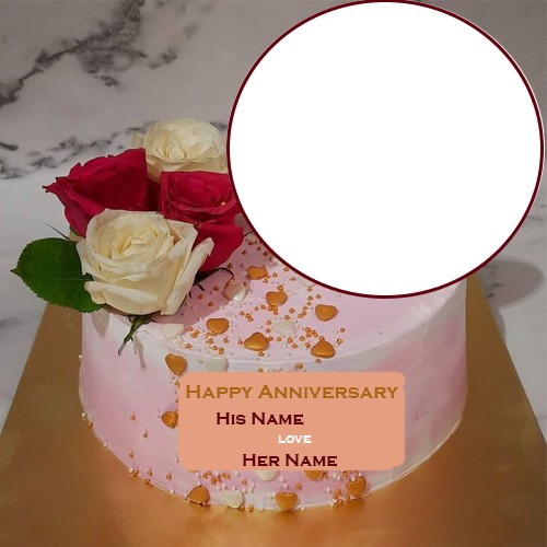 Red And White Rose Anniversary Cake Photo Frame With Name In Heart